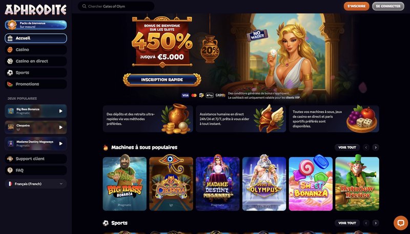 Découvrez les Slots et les Bonus de l'Aphrodite Casino en France